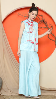 BLUE CHONGSAM FLORAL VEST with PANT SET