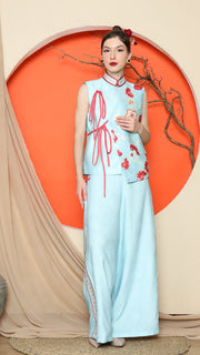 BLUE CHEONGSAM FLORAL VEST with FLORAL PANTS SET