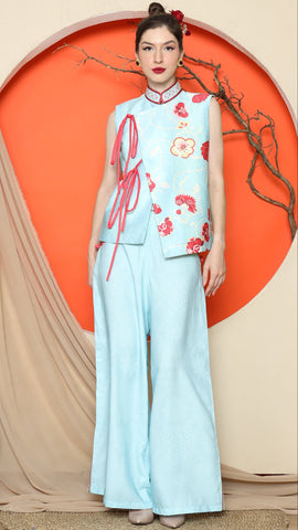 BLUE CHEONGSAM FLORAL VEST with FLORAL PANTS SET