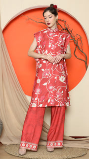 RED VEST KIMONO JACQUARD FLORAL PANT SET