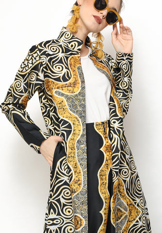 Yellow Black Kanzi Batik Long Outer Set with Pants