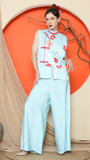 BLUE CHEONGSAM FLORAL VEST with PANT SET