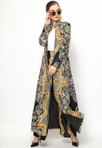 Yellow Black Kanzi Batik Long Outer Set with Pants