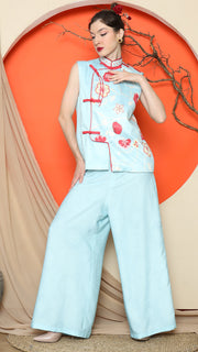 BLUE CHEONGSAM FLORAL VEST with PANT SET