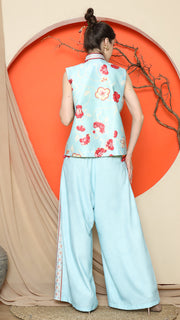 BLUE CHEONGSAM FLORAL VEST with FLORAL PANTS SET