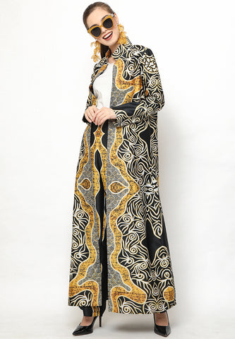 Yellow Black Kanzi Batik Long Outer Set with Pants