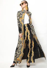 Yellow Black Kanzi Batik Long Outer Set with Pants