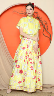 YELLOW JACQUARD QIPAO SHIRT with FLORAL SKIRT