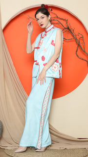 BLUE CHEONGSAM FLORAL VEST with PANT SET