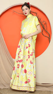 YELLOW JACQUARD QIPAO SHIRT with FLORAL SKIRT