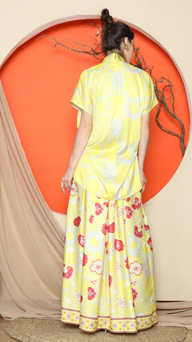 YELLOW JACQUARD QIPAO SHIRT with FLORAL SKIRT