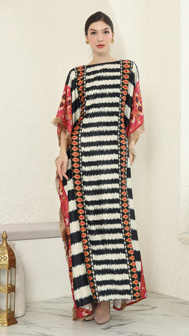 Stripe Ikat Short Sleeve Fringe Kaftan