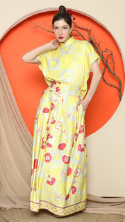 YELLOW JACQUARD QIPAO SHIRT with FLORAL SKIRT