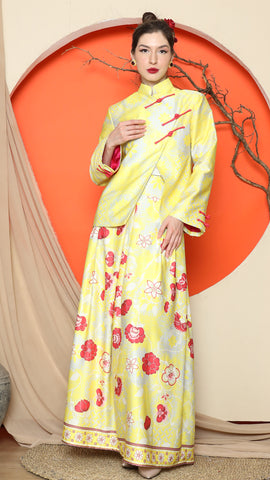 YELLOW FLORAL JACQUARD JACKET with SKIRT SET