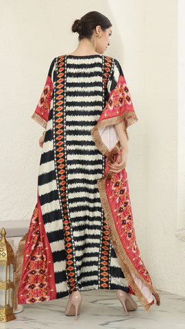 Stripe Ikat Short Sleeve Fringe Kaftan