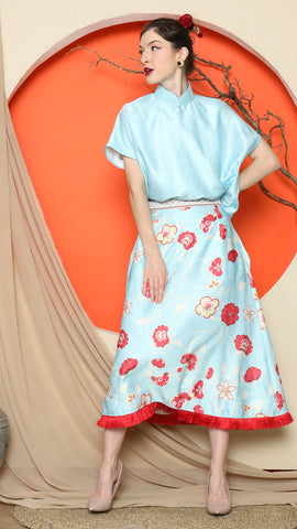 BLUE JACQUARD QIPAO SHIRT with FLORAL SKIRT