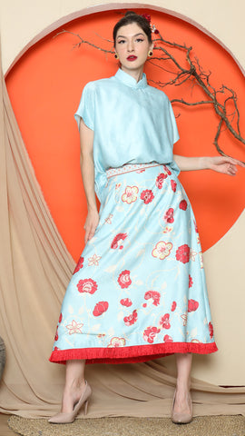 BLUE JACQUARD QIPAO SHIRT with FLORAL SKIRT