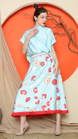 BLUE JACQUARD QIPAO SHIRT with FLORAL SKIRT