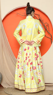 YELLOW FLORAL JACQUARD JACKET with SKIRT SET