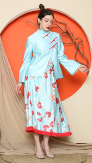 BLUE FLORAL JACQUARD JACKET with SKIRT SET