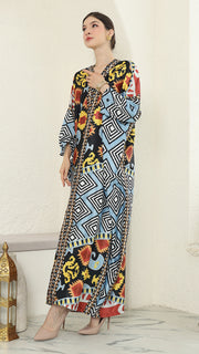 Blue Tribal Ikat Long Sleeve Kaftan