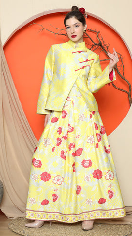 YELLOW FLORAL JACQUARD JACKET with SKIRT SET