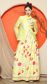 YELLOW FLORAL JACQUARD JACKET with SKIRT SET