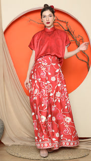 RED JACQUARD QIPAO SHIRT with FLORAL SKIRT