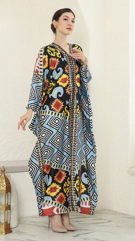 Blue Tribal Ikat Long Sleeve Kaftan