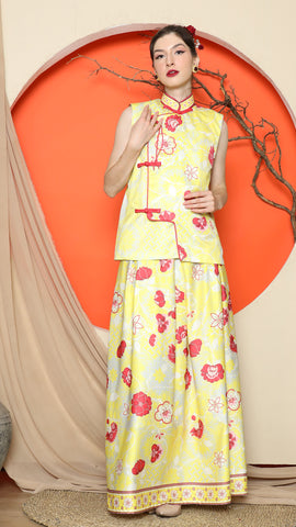 YELLOW CHONGSAM FLORAL VEST with FLORAL SKIRT