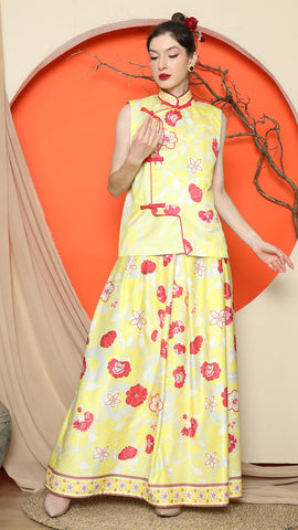 YELLOW CHONGSAM FLORAL VEST with FLORAL SKIRT