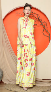 YELLOW CHONGSAM FLORAL VEST with FLORAL SKIRT