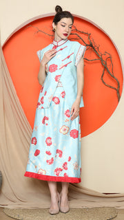 BLUE CHONGSAM FLORAL VEST with SKIRT SET