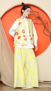 YELLOW FLORAL SIDE BUTTON VEST with  PANTS SET