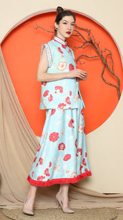 BLUE CHONGSAM FLORAL VEST with SKIRT SET