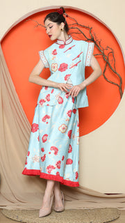 BLUE CHONGSAM FLORAL VEST with SKIRT SET