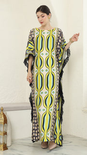 Olive Ikat Fringe Short Sleeve Kaftan