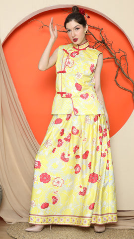 YELLOW CHONGSAM FLORAL VEST with FLORAL SKIRT