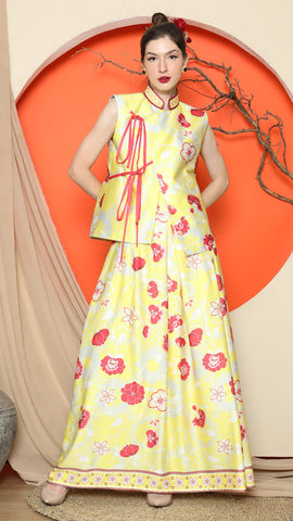 YELLOW CHONGSAM VEST FLORAL with FLORAL SKIRT