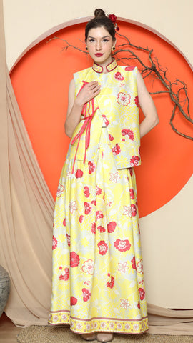 YELLOW CHONGSAM VEST FLORAL with FLORAL SKIRT