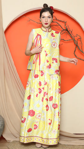 YELLOW CHEONGSAM VEST FLORAL with FLORAL SKIRT