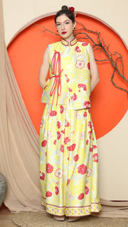 YELLOW CHEONGSAM VEST FLORAL with FLORAL SKIRT