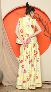 YELLOW CHEONGSAM VEST FLORAL with FLORAL SKIRT