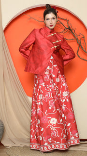 RED FLORAL JACQUARD JACKET with SKIRT SET