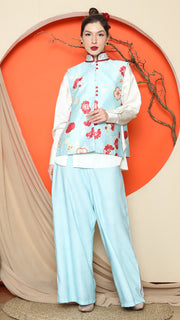 BLUE FLORAL SIDE BUTTON VEST with  PANTS SET