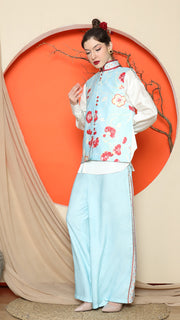 BLUE FLORAL SIDE BUTTON VEST with  PANTS SET