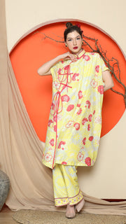 YELLOW ORIENTAL FLORAL CHONGSAM PANT SET