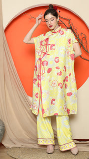 YELLOW ORIENTAL FLORAL CHONGSAM PANT SET