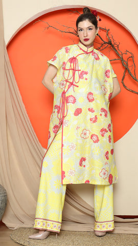 YELLOW ORIENTAL FLORAL CHONGSAM PANT SET