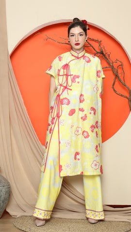 YELLOW ORIENTAL FLORAL CHONGSAM PANT SET